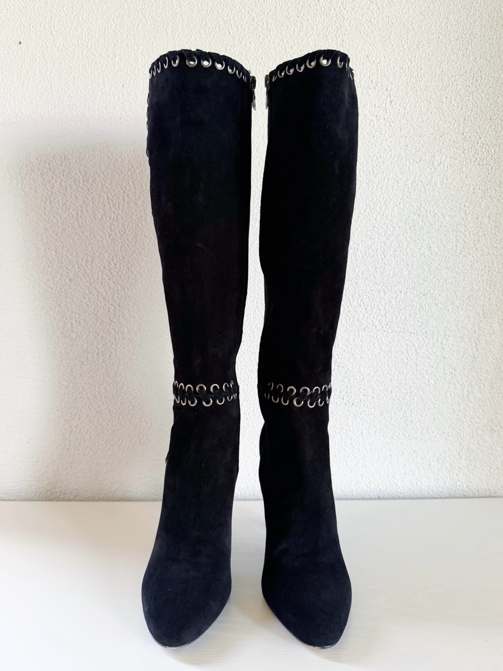 Prada Black Suede Whipstitch Eyelet Knee High Heeled Boots EU 39 - Picture 5 of 11